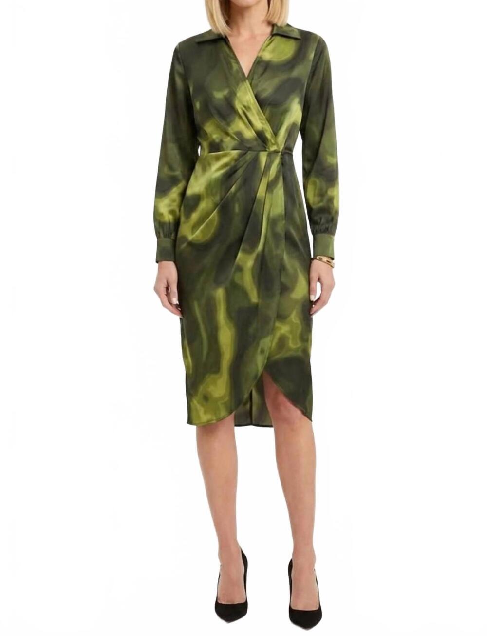 NEW NICOLE MILLER long sleeve tie dye wrap dress in green print